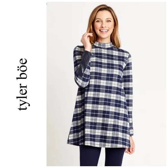 NWT Tyler Boe Plaid Full Sleeve Faux Leather Trim Tunic XS - Picture 2 of 12